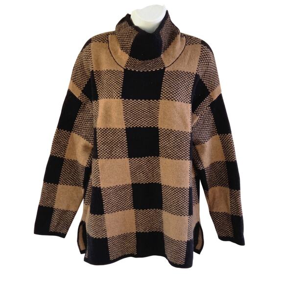 Tahari Camel Black Buffalo Check Wool Blend Turtleneck Tunic L - Picture 4 of 10